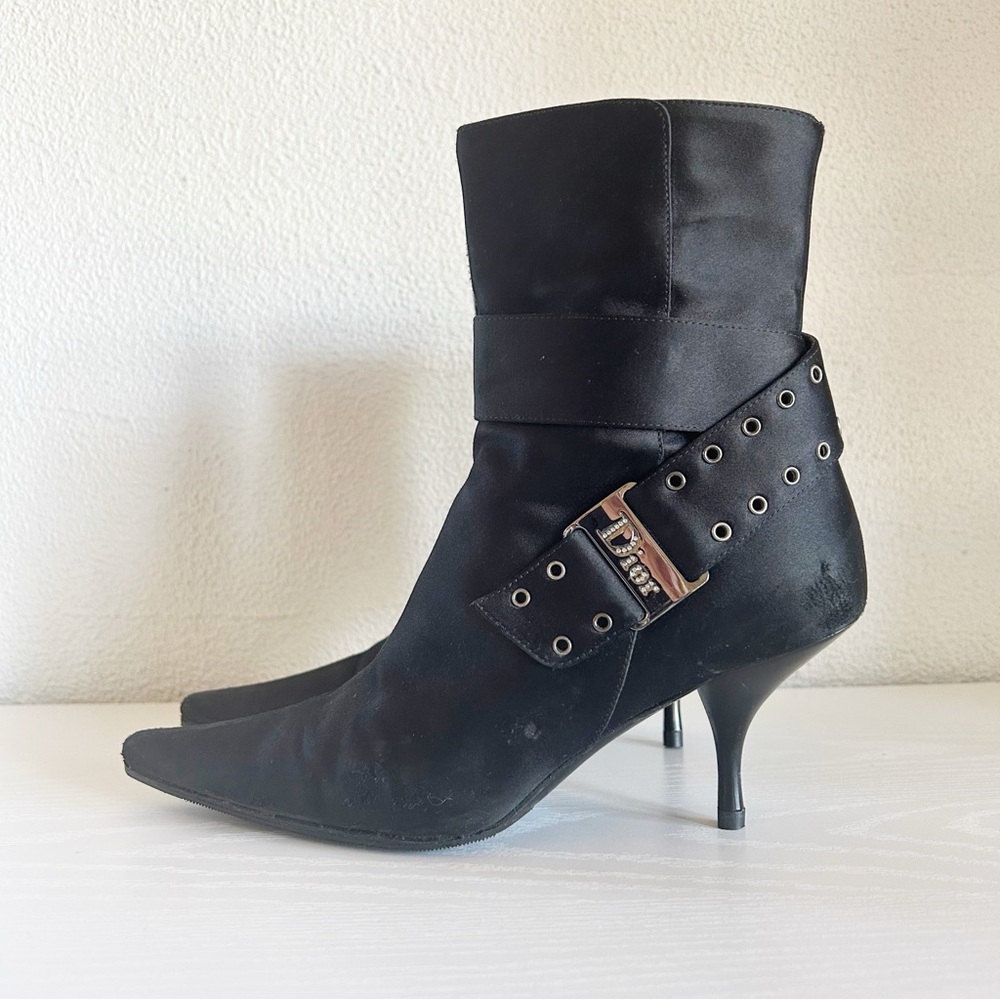 Christian Dior Galliano Satin Ankle Boots Black Logo Buckle Y2K EU 36 US 6